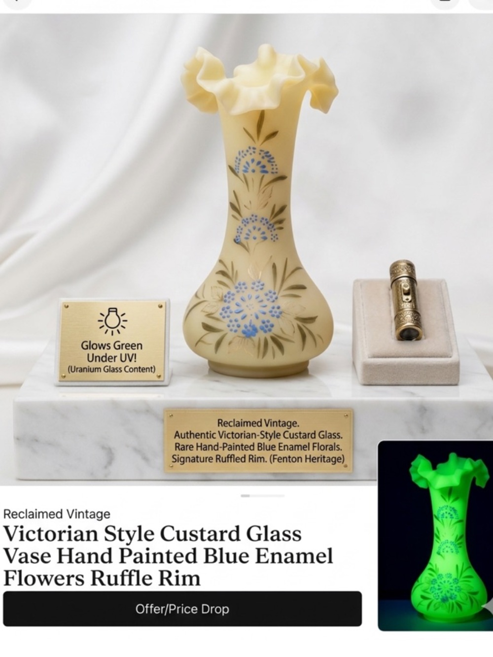 Victorian Style Custard  Glow In The Dark Glass ? Vase Hand Painted Ruffle Rim